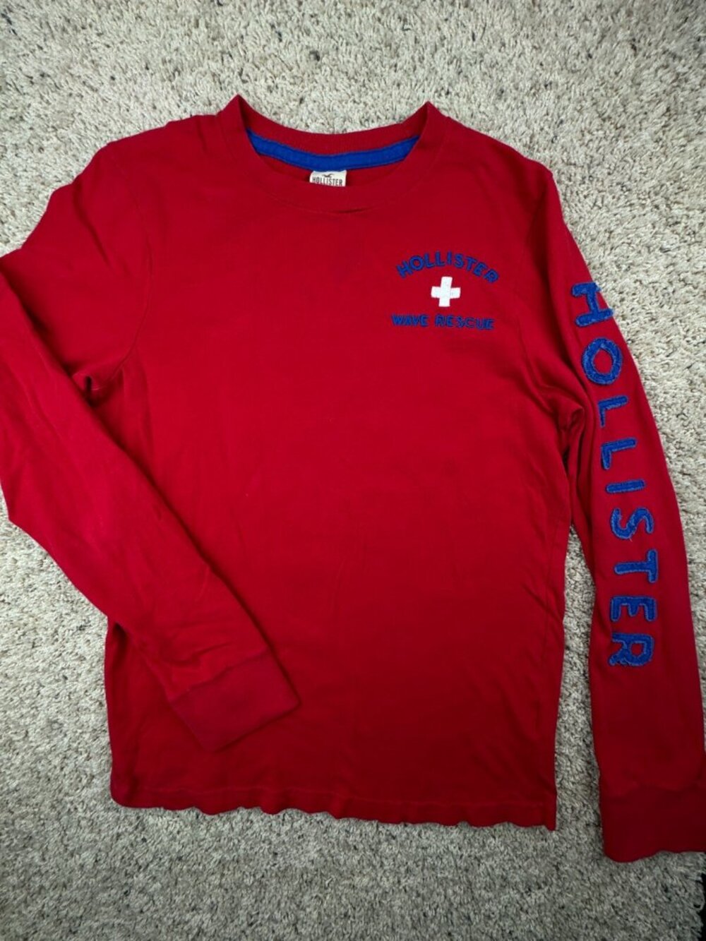 Hollister Long Sleeve T Shirt Red Unisex Medium Soft Wave Rescue Lifeguard